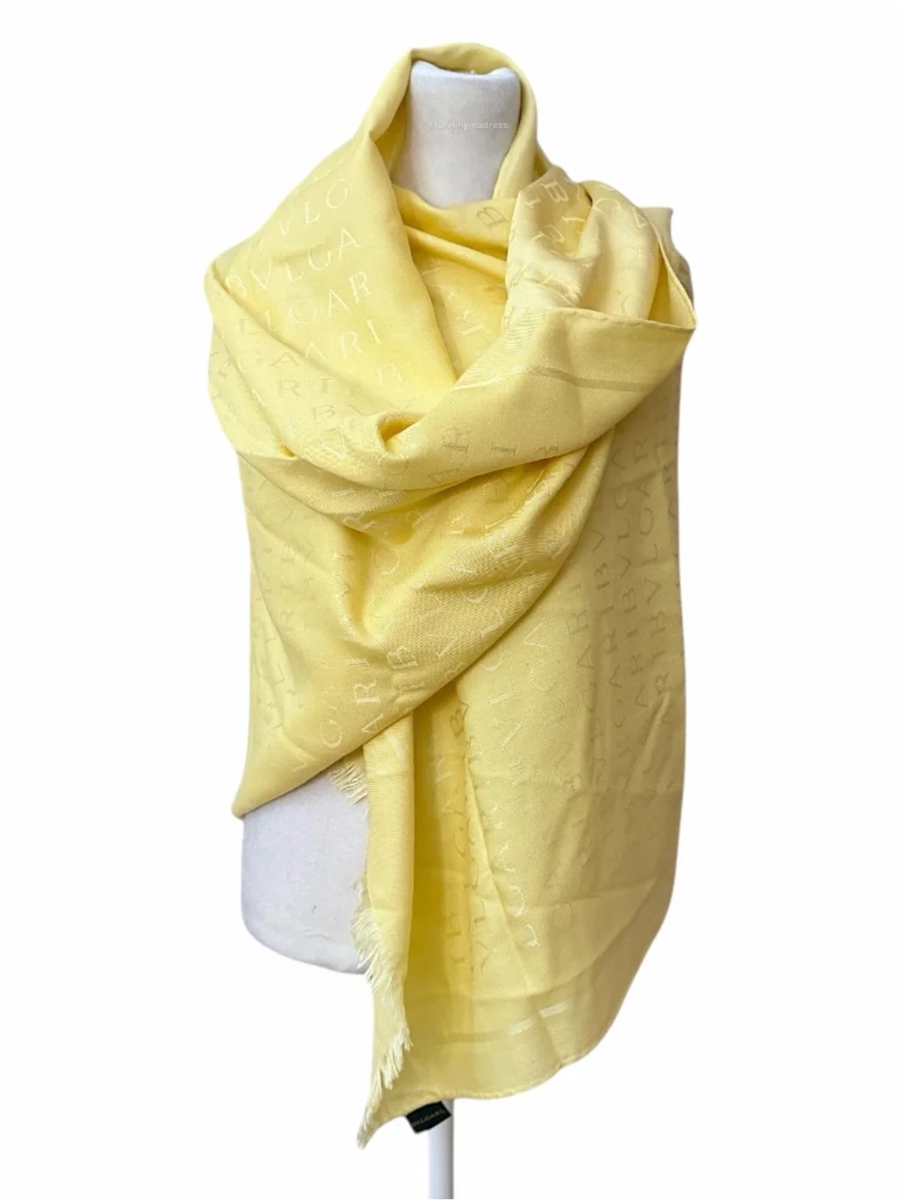 BVLGARI Logomania Silk Wool Maxi Stole Scarf Pale Yellow Buttercream Italy 71x28
